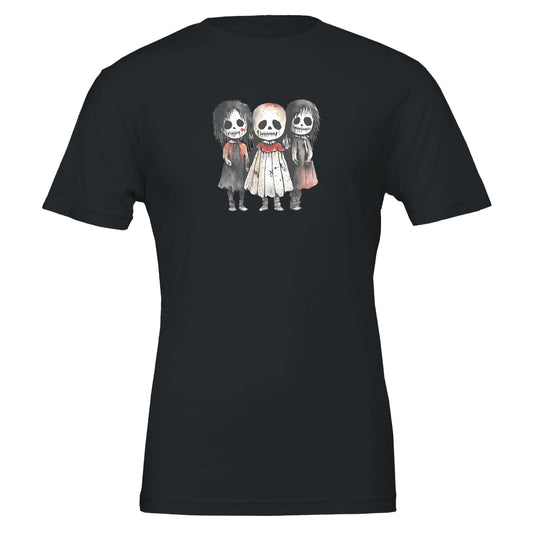 Black horror child t-shirt featuring three spooky cartoon figures with skull-like faces, made from soft eco-friendly cotton.