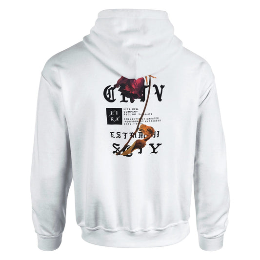 White Lira Streetwear Hoodie with graphic print on back, soft cotton-polyester blend, unisex urban style