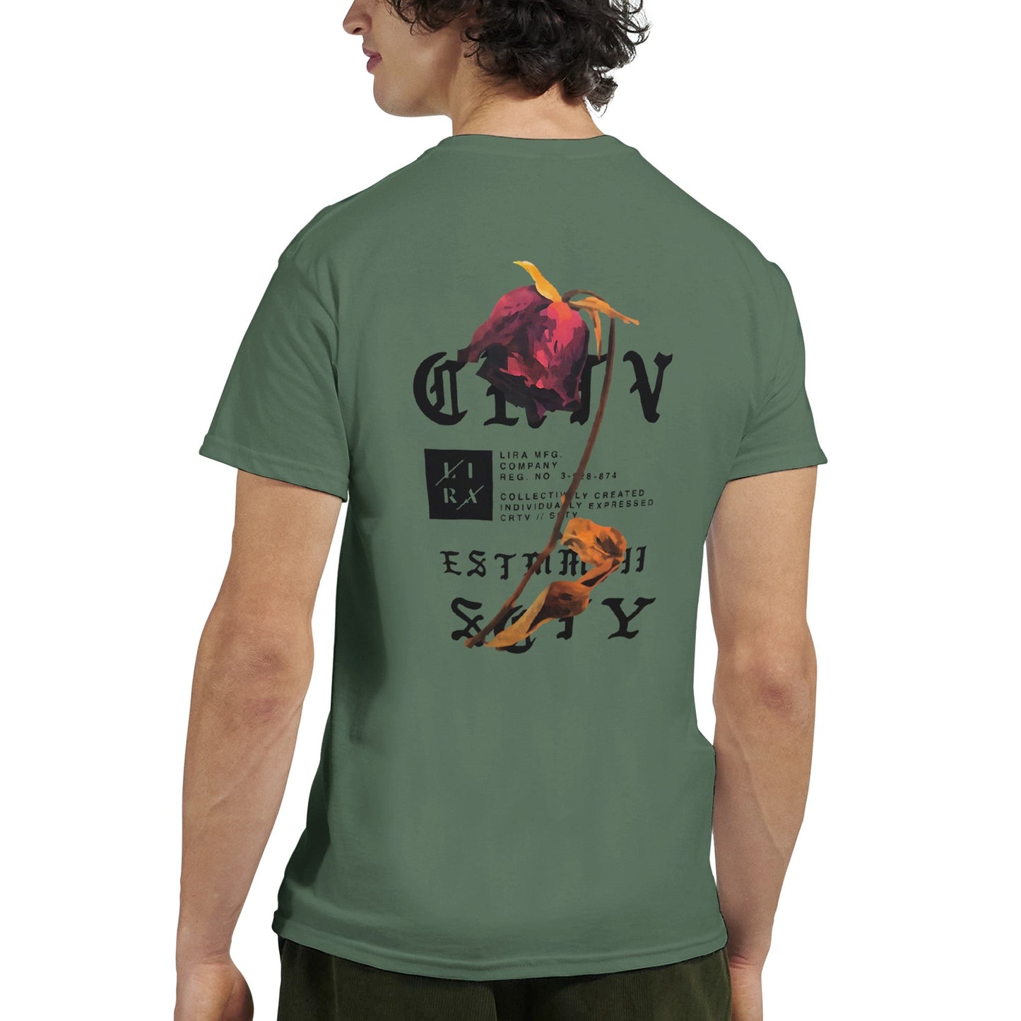 unisex t-shirt lira streetart aus schwerer baumwolle mit floralem rückendruck in grün