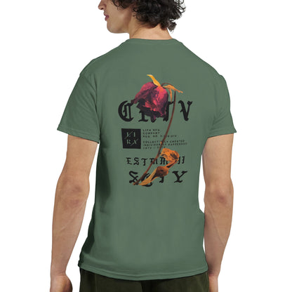 Unisex T-Shirt Lira Streetart aus schwerer Baumwolle mit floralem Rückendruck in Grün
