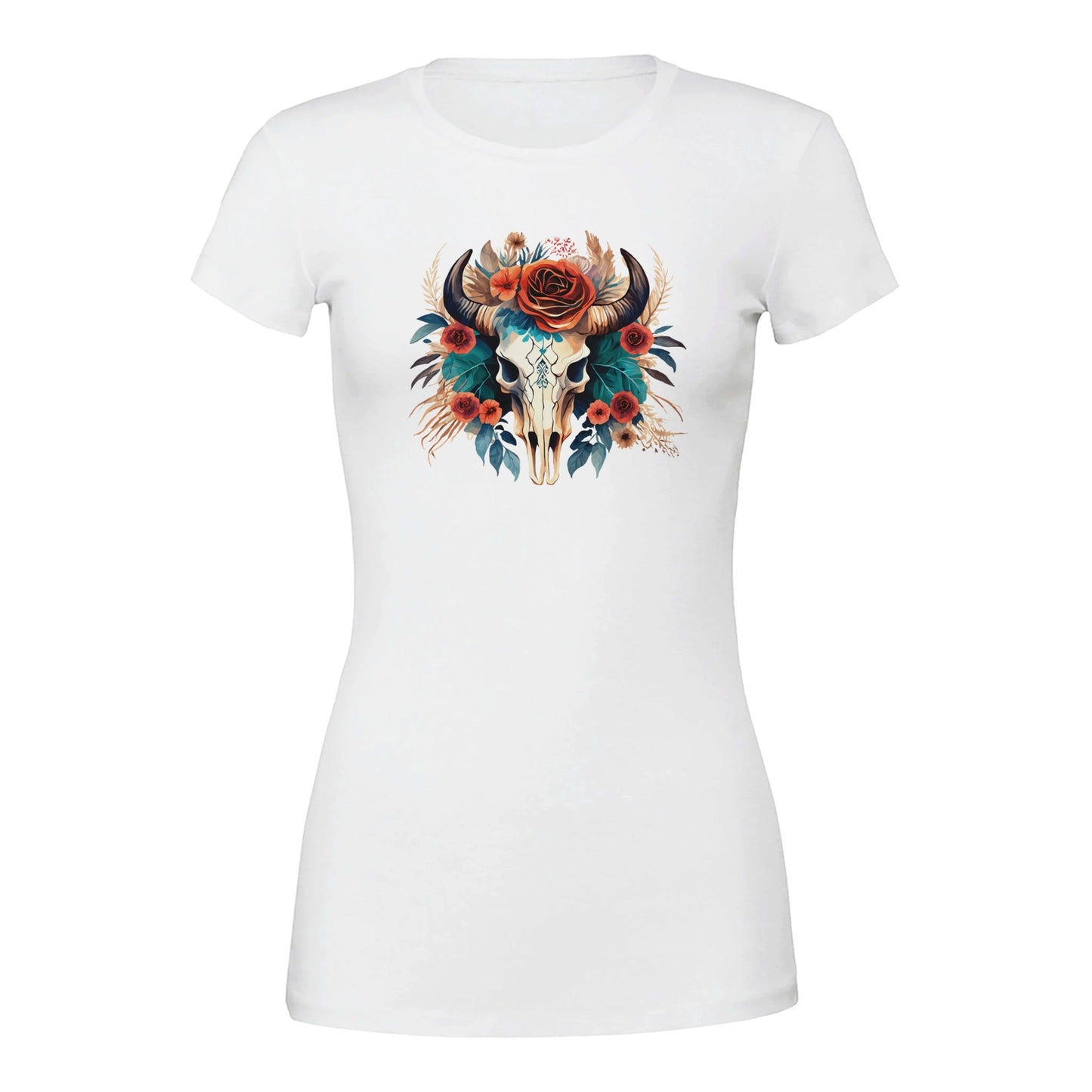 weißes premium texas flower t-shirt mit taillierter passform und floralem kuhschädel-design aus 100% gekämmter airlume-baumwolle