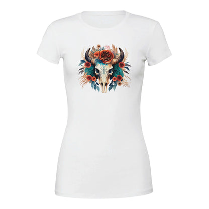 Weißes Premium Texas Flower T-Shirt mit taillierter Passform und floralem Kuhschädel-Design aus 100% gekämmter Airlume-Baumwolle
