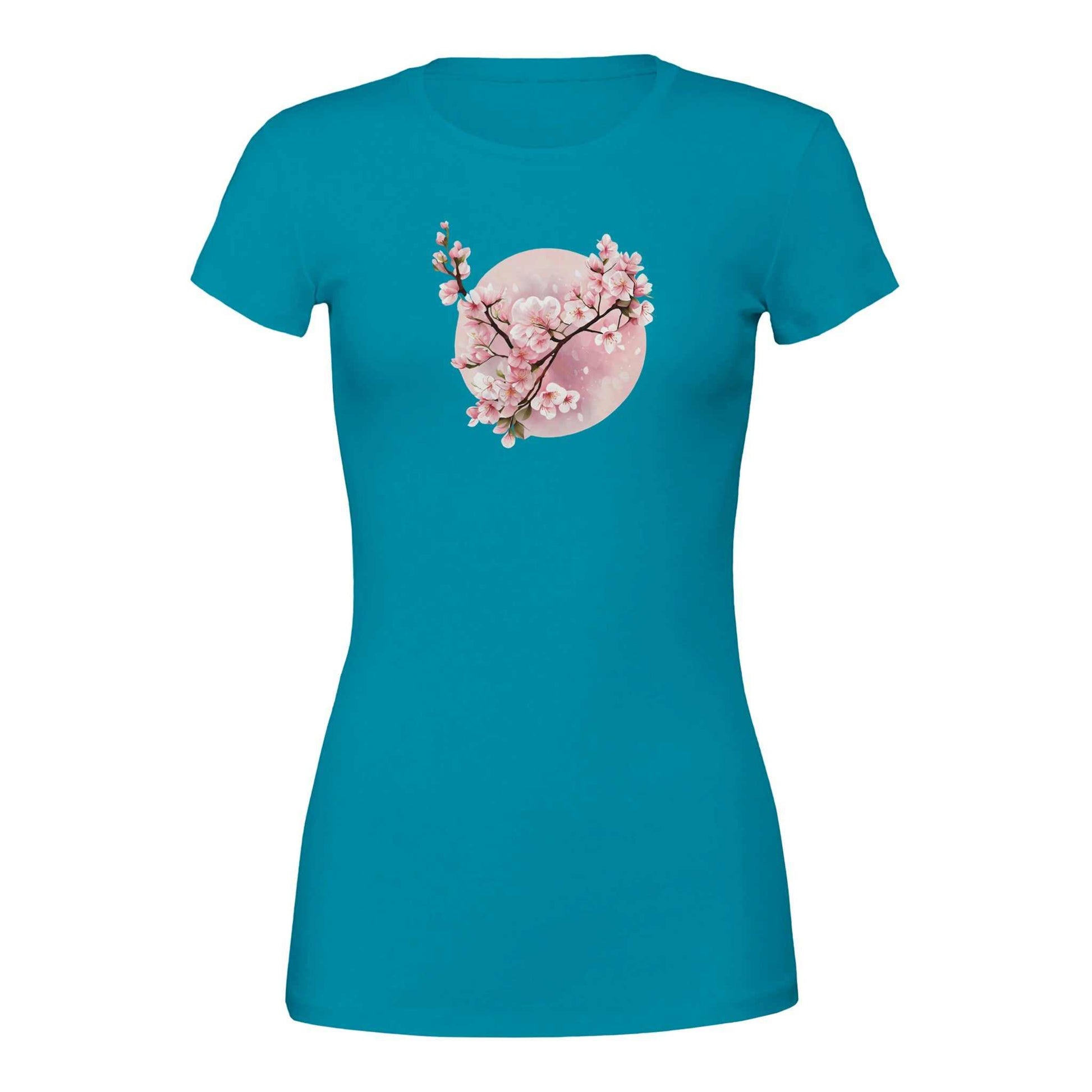 Damen-T-Shirt Sakura Spring mit Kirschblütenmotiv auf blauem, tailliertem Baumwollshirt für Frauen