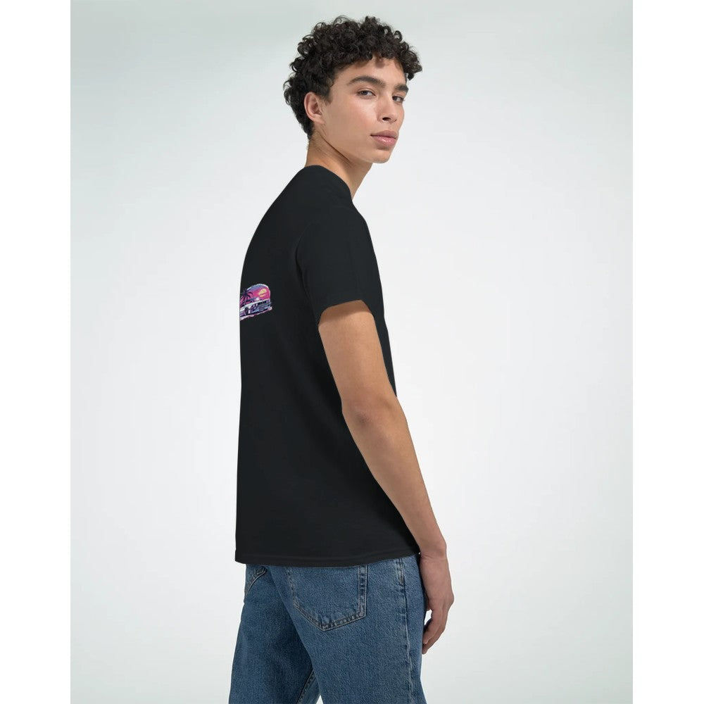 schwarzes bmw e30 m3 herren t-shirt aus schwerer baumwolle mit klassischem motorsport-design und doppelt genähten säumen.