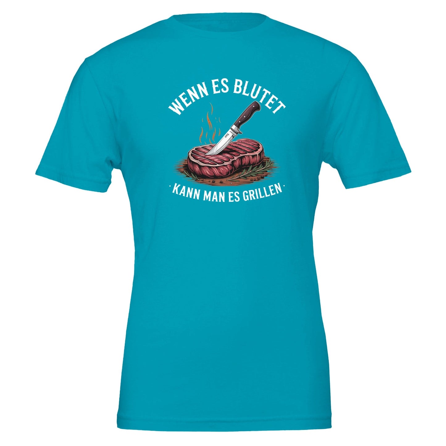 türkisfarbenes grill t-shirt mit aufdruck "wenn es blutet, kann man es grillen" und messer auf steak, unisex, aus weicher baumwolle, ideal für gartenpartys und grillabende