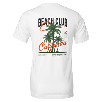 Weißes Sommer T-Shirt mit Palmen-Print und "Beach Club California" Schriftzug, weich und unisex für Strand und Beach Party