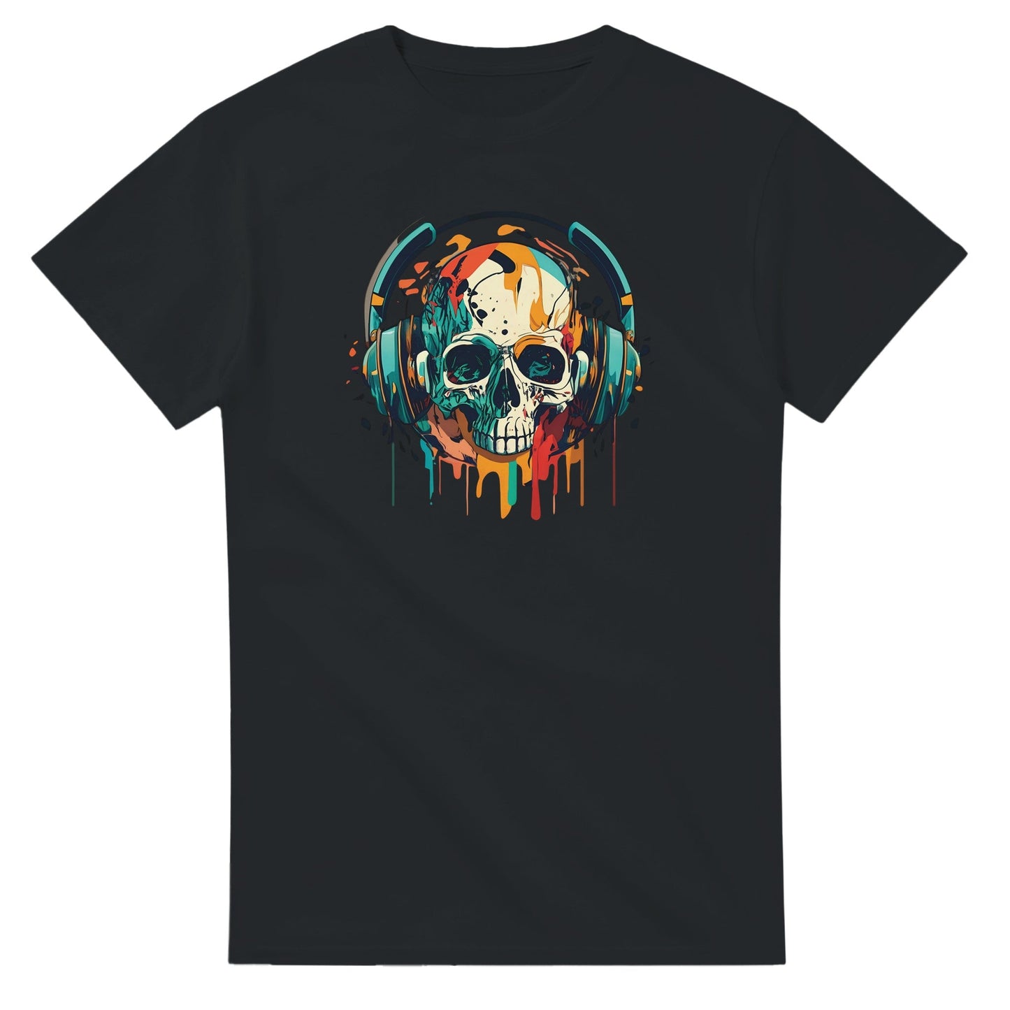 schwarzes party sommer musik t-shirt mit farbigem totenkopf und kopfhörern aus 100% baumwolle, klassische passform, langlebig und atmungsaktiv.