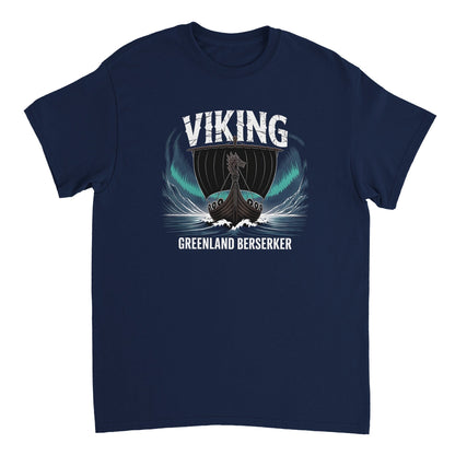 Dunkelblaues Wikinger T-Shirt für Männer mit Viking Boots-Motiv und Schriftzug "Greenland Berserker", aus robuster 100% Baumwolle, klassische Passform.