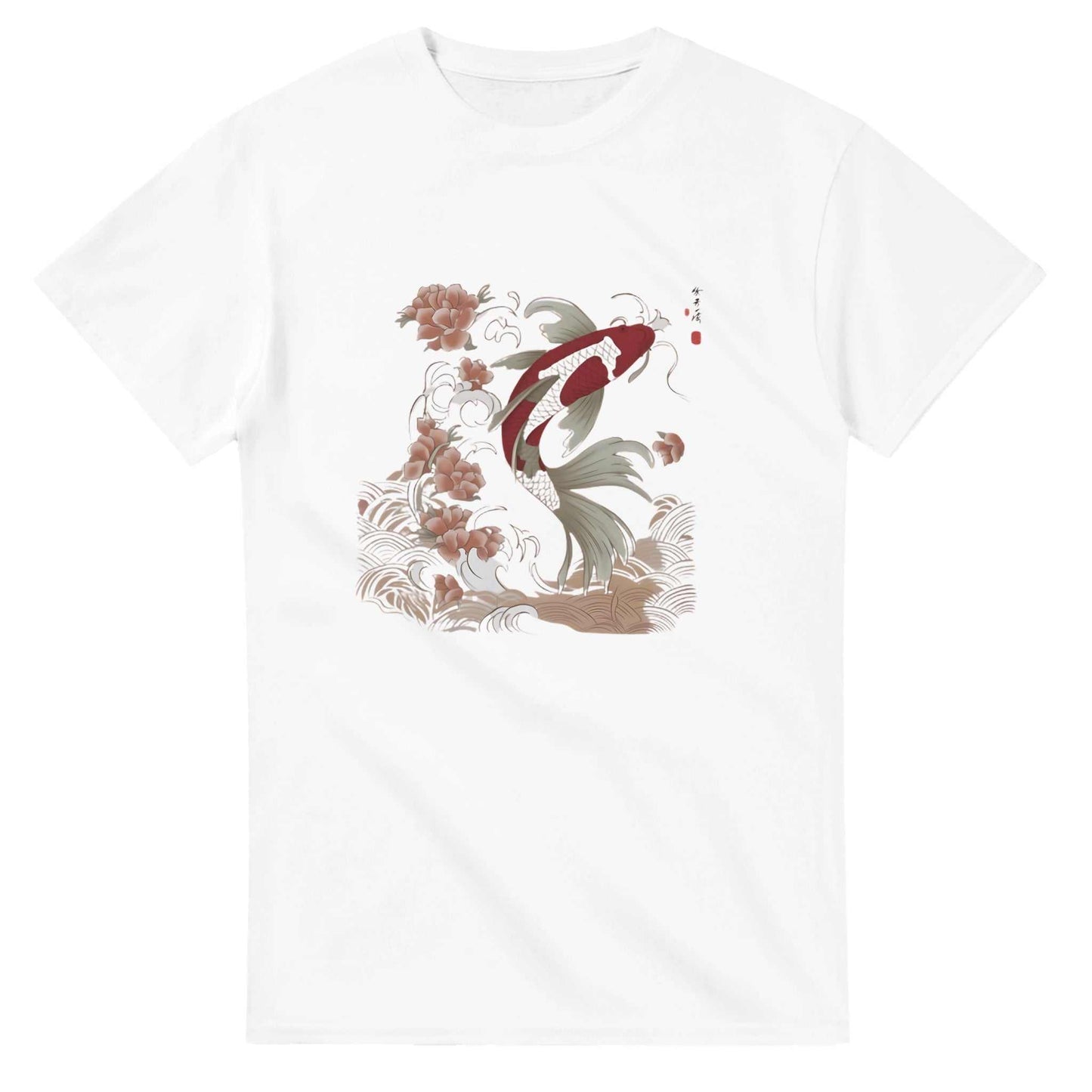 white heavyweight cotton unisex crewneck t-shirt with koi asian style fish graphic and classic fit
