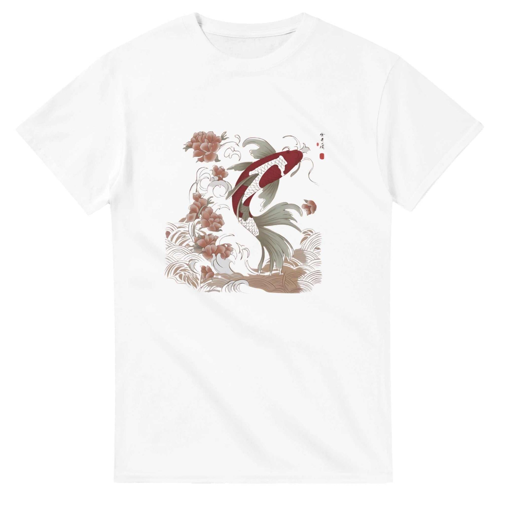 White heavyweight cotton unisex crewneck t-shirt with Koi Asian style fish graphic and classic fit