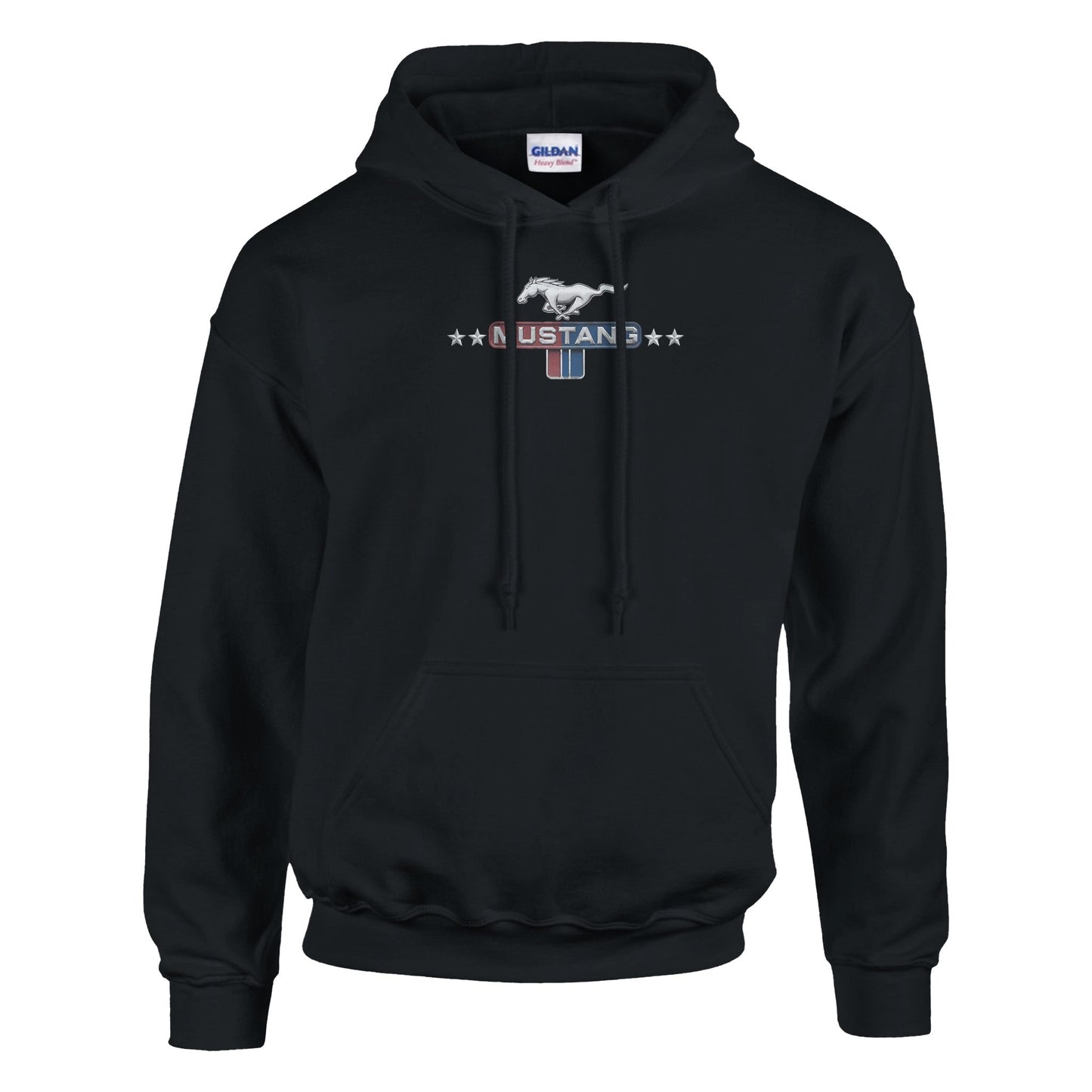 black unisex stylish hoodie with mustang logo and stars, comfortable fit for car enthusiasts.