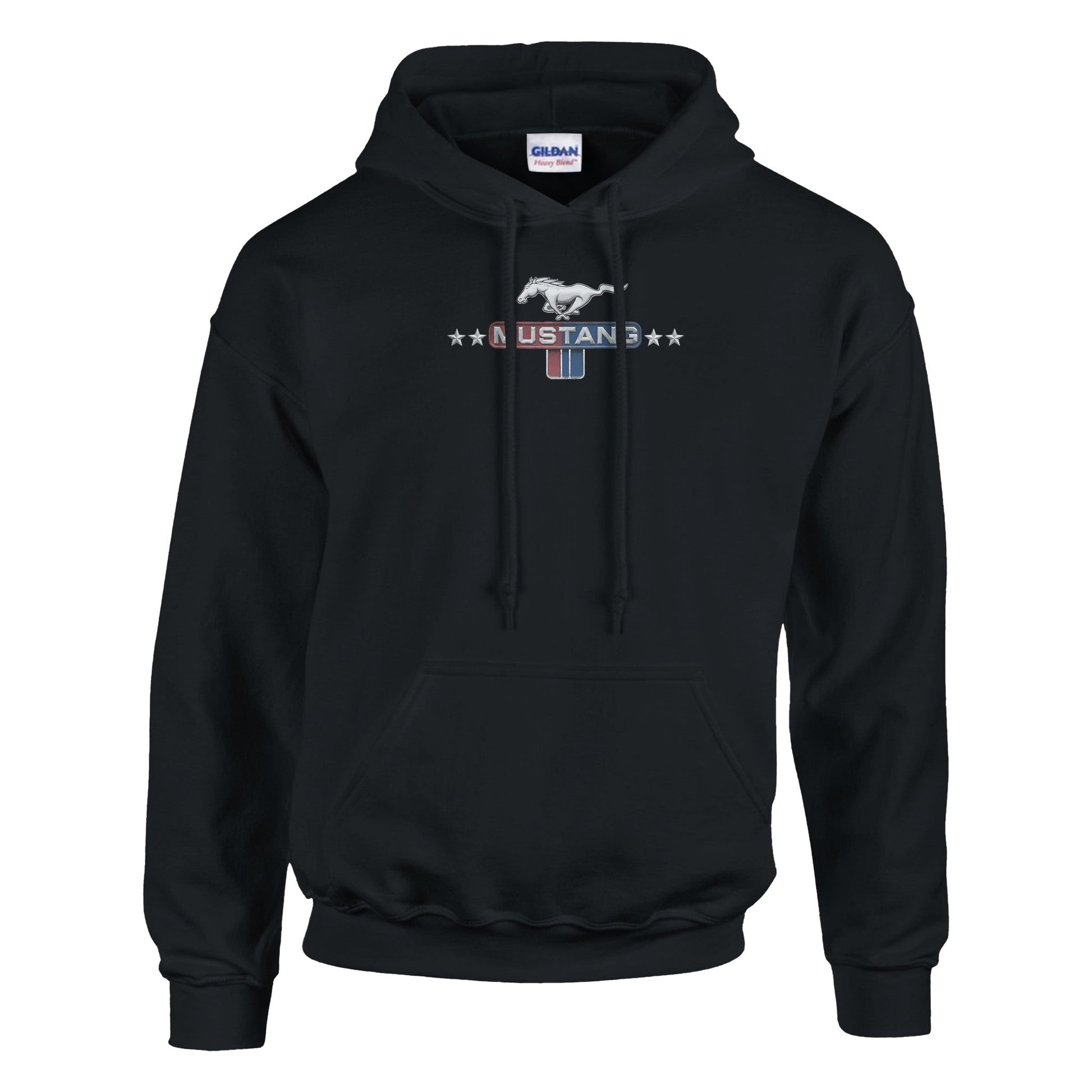 Black unisex stylish hoodie with Mustang logo and stars, comfortable fit for car enthusiasts.
