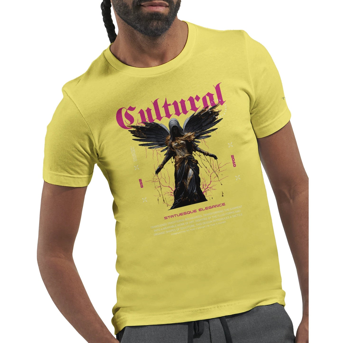 premium unisex t-shirt aus weicher bio-baumwolle mit kultigem cultural streetwear-print in gelb