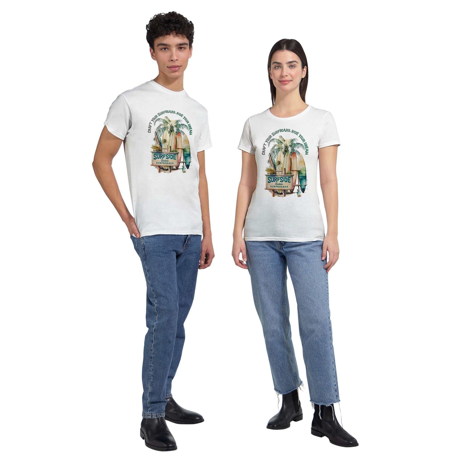 Models wearing white Sommer Surfside T-Shirt with beach and surf graphic, paired with jeans and boots