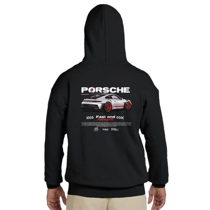 Schwarzer Porsche Hoodie aus schwerem Baumwollmischgewebe mit Kapuzenpulli und Rennwagen-Design auf dem Rücken