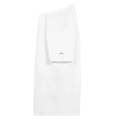 Premium weißes Stickerei T-Shirt mit Lira Design, unisex, klassischer V-Ausschnitt, weiche Baumwolle, modernes Basic-Shirt