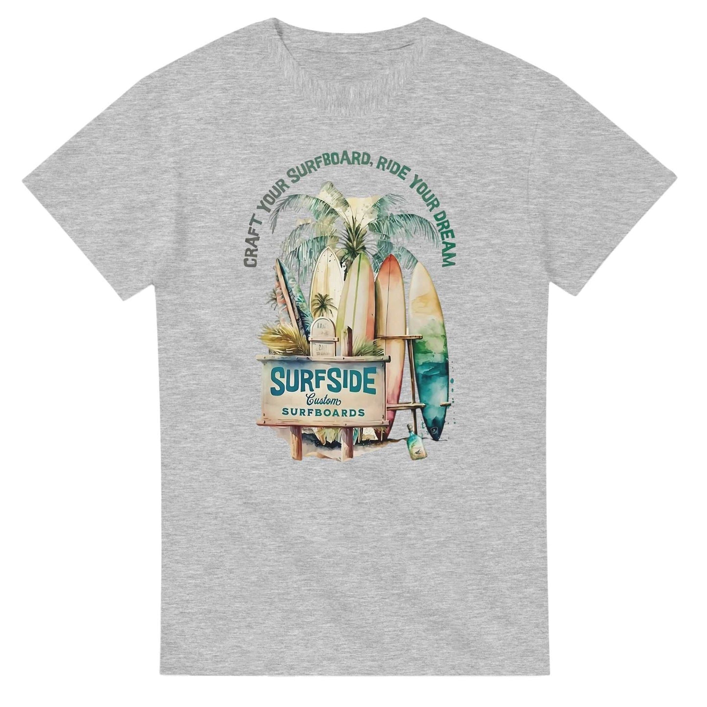grey sommer surfside t-shirt with surfboard and palm tree graphic, heavyweight cotton, relaxed fit
