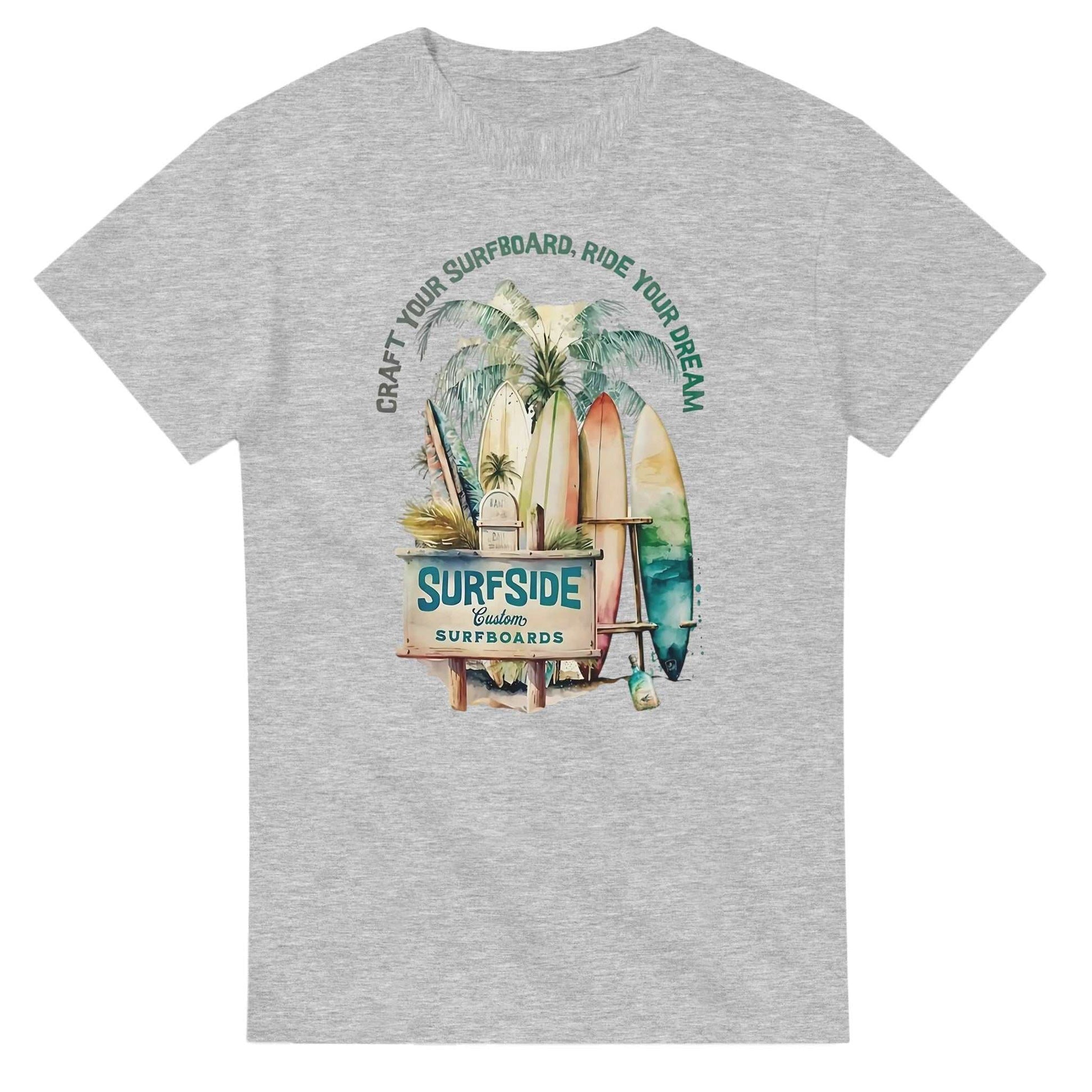 Grey Sommer Surfside T-Shirt with surfboard and palm tree graphic, heavyweight cotton, relaxed fit