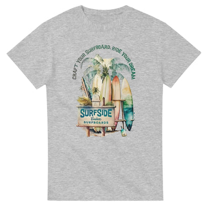Grey Sommer Surfside T-Shirt with surfboard and palm tree graphic, heavyweight cotton, relaxed fit