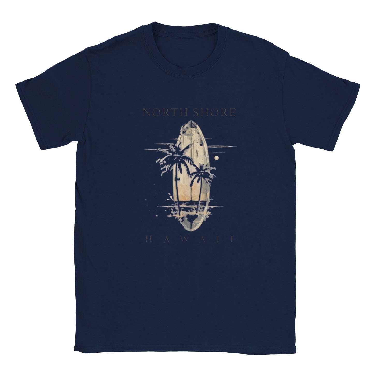 dunkelblaues unisex t-shirt mit hawaii sommer beach motiv, surfbrettern und palmen, aus hochwertiger baumwolle für sommerlichen strandlook