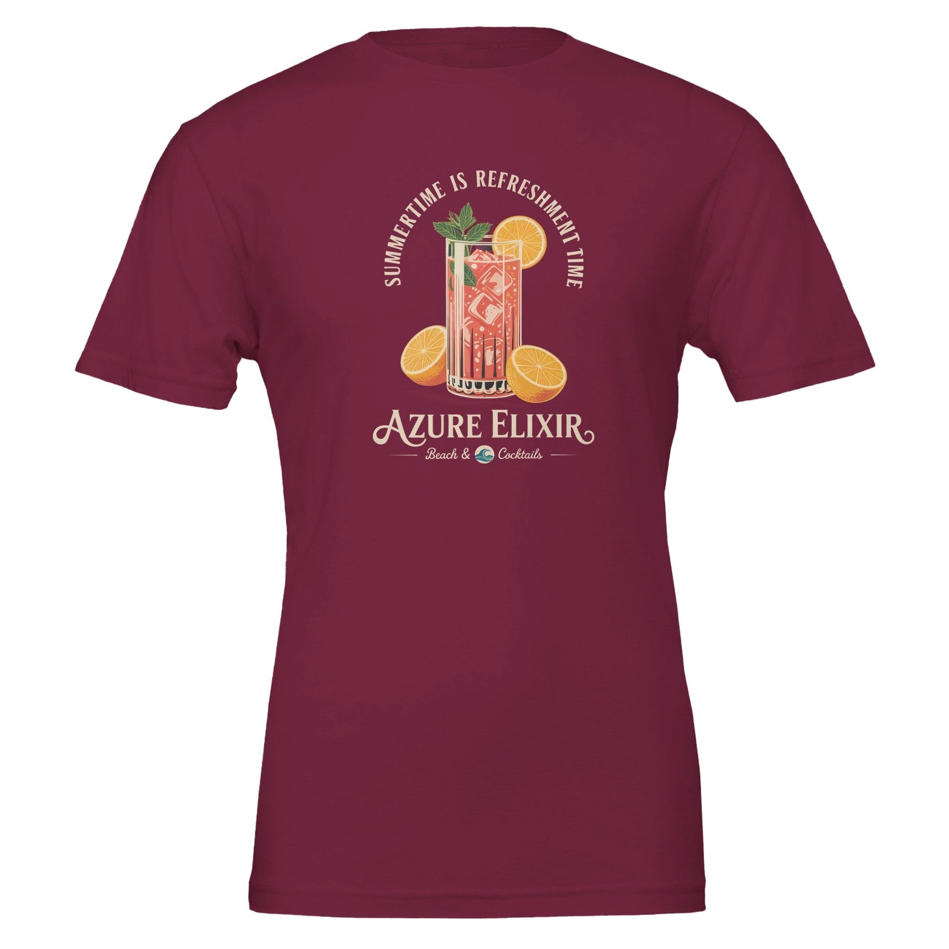 Unisex Sommer T-Shirt in Bordeauxrot mit sommerlichem Cocktail-Print aus weicher Baumwolle, perfekt für Strand und Bar