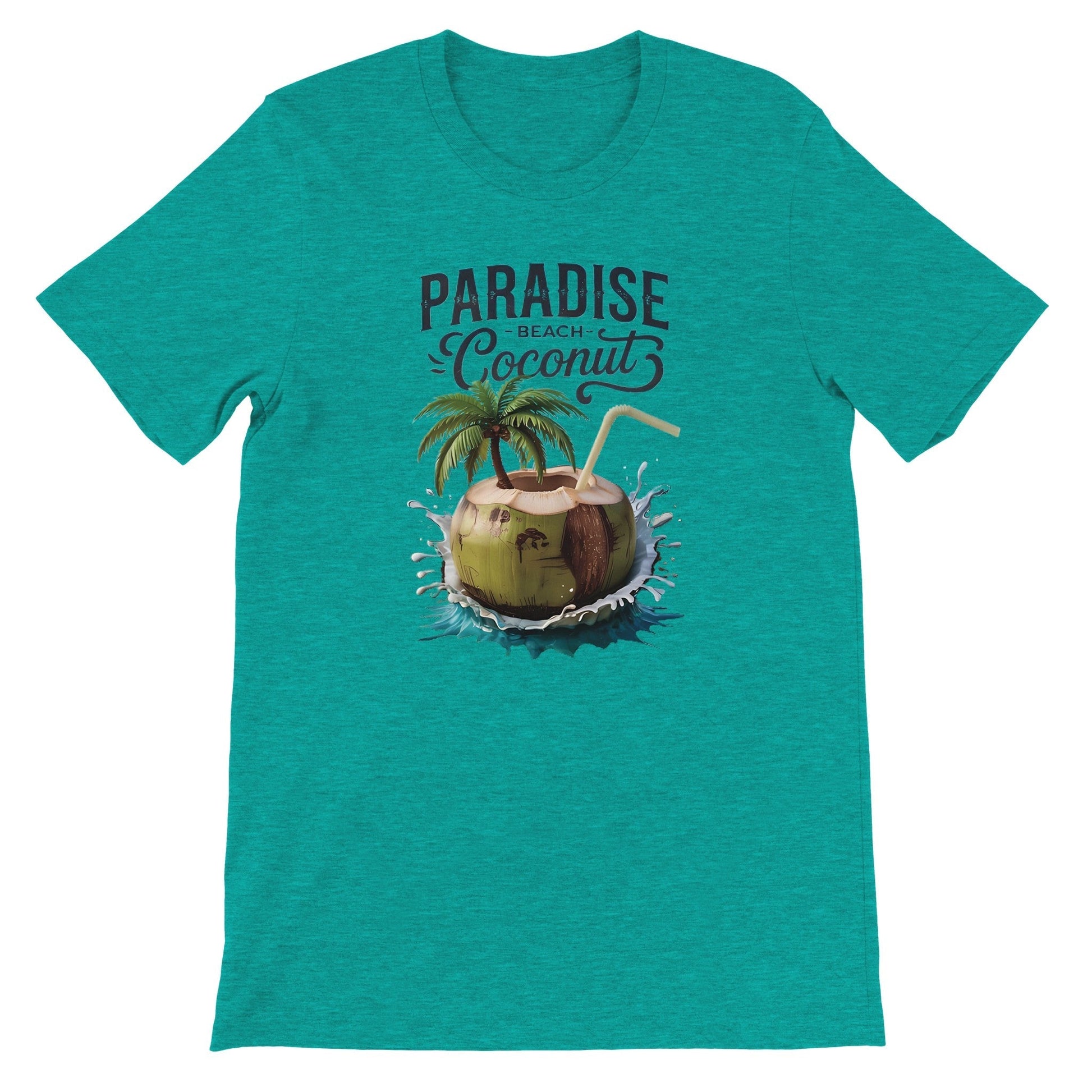Sommer T-shirt with coconut beach print, soft breathable cotton, unisex fit, ideal for summer and DTG printing.
