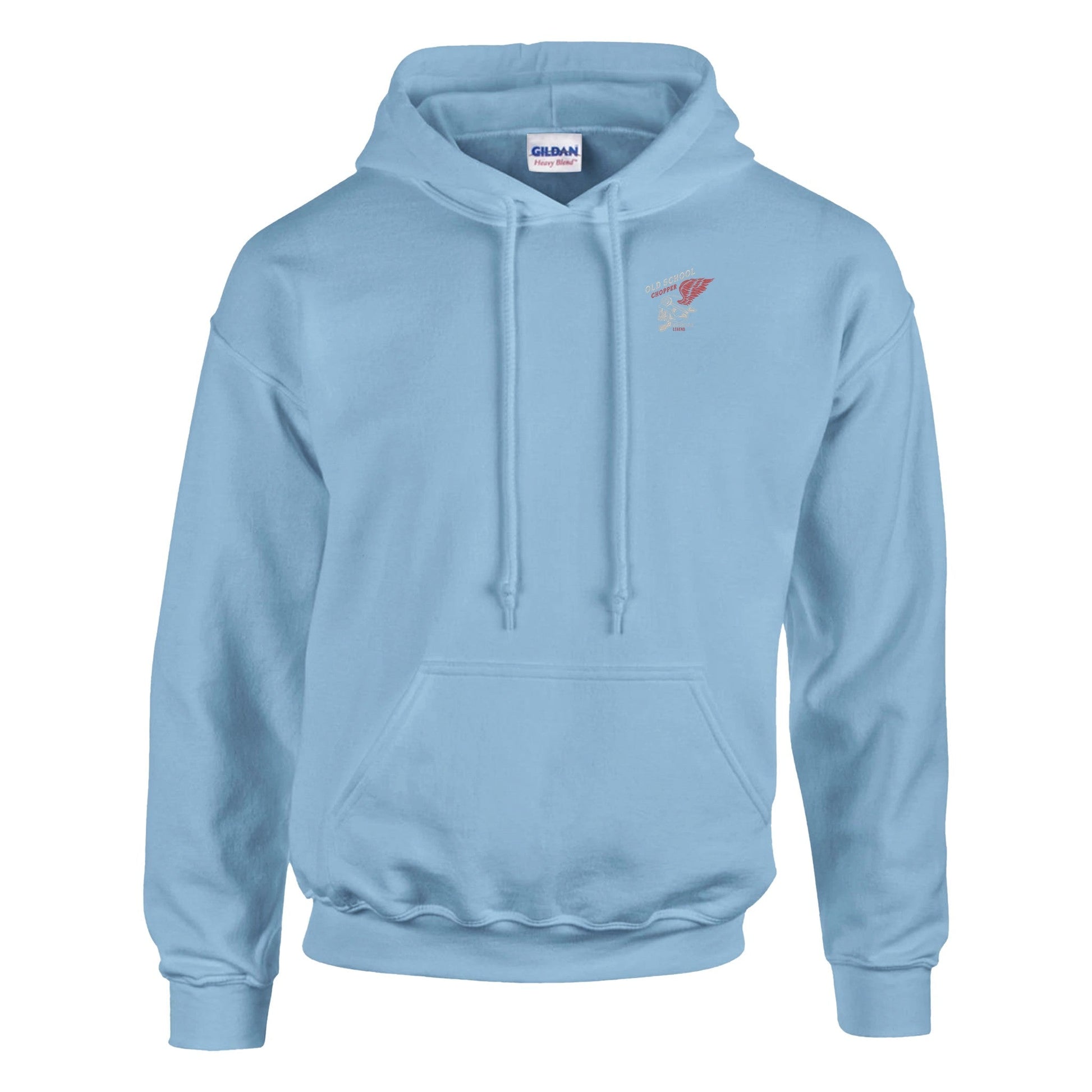 Light blue men's Rocker Biker Hoodie with double-lined hood and front pocket, made of soft cotton-polyester blend.