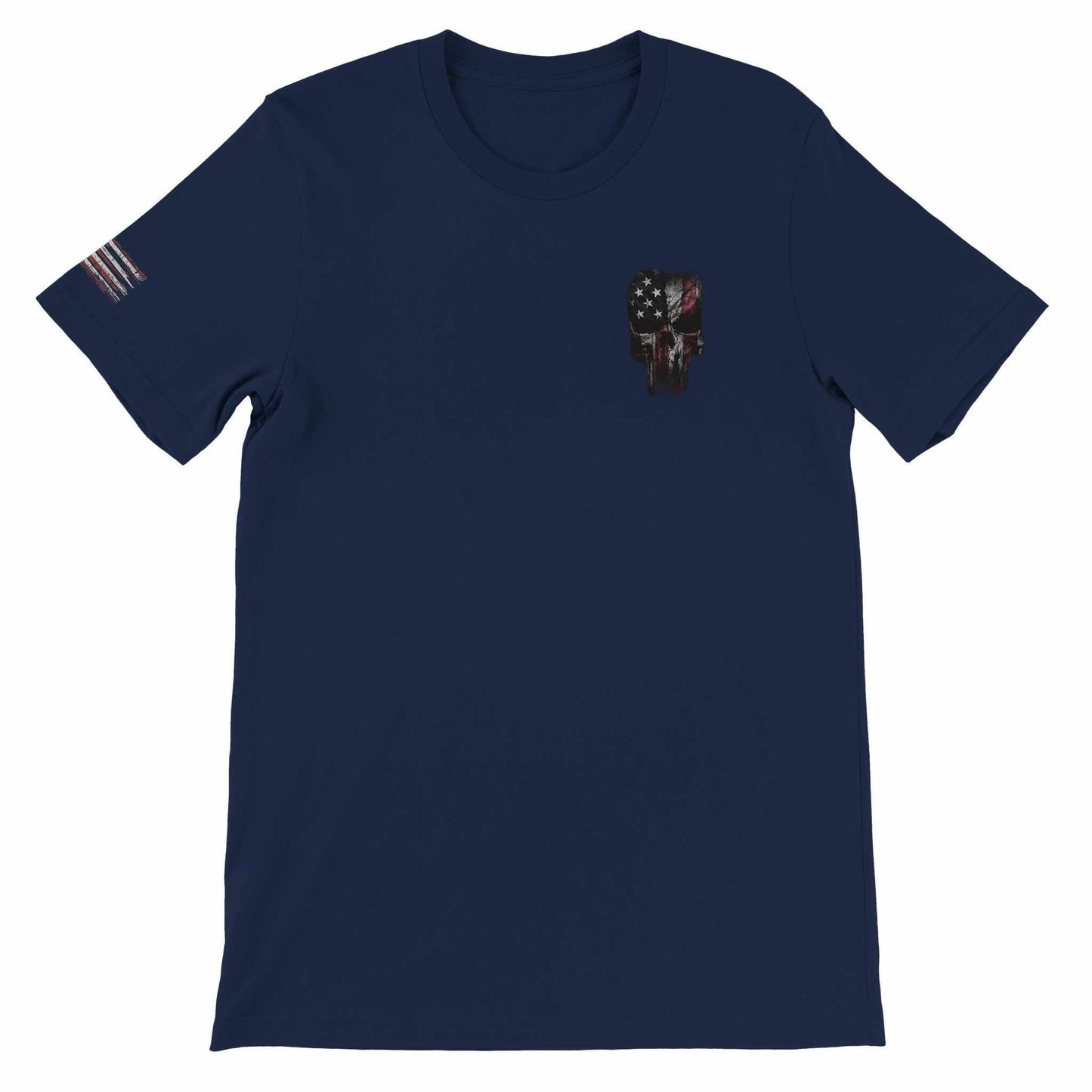 american feeling unisex t-shirt navy blue with patriotic skull design and flag sleeve detail