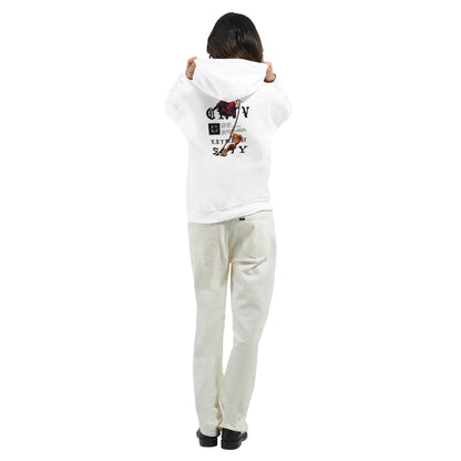 Person wearing white Lira Streetwear Hoodie with graphic design on back, paired with light-colored pants and black shoes, standing facing away
