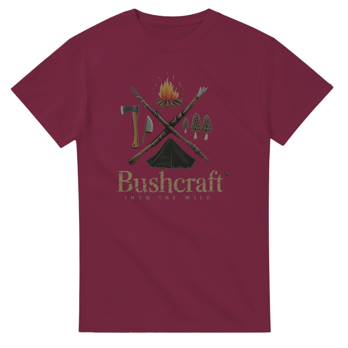 bushcraft t-shirt aus 100% baumwolle in weinrot mit outdoor-motiv, langlebig und bequem für naturliebhaber.
