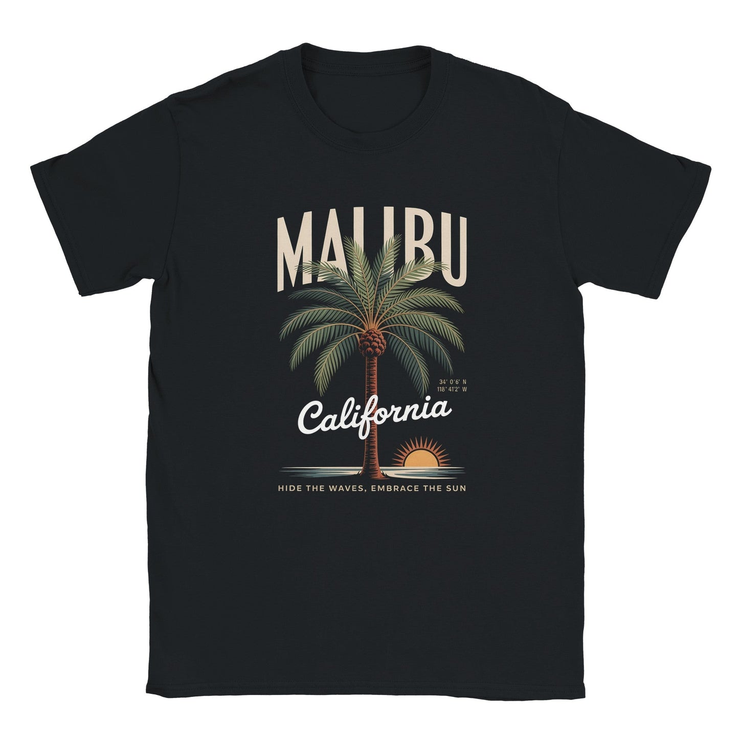 schwarzes california sunshine sommer t-shirt mit palmen- und sonnen-design, weiches, nahtloses material, perfekte passform für sommerlichen look
