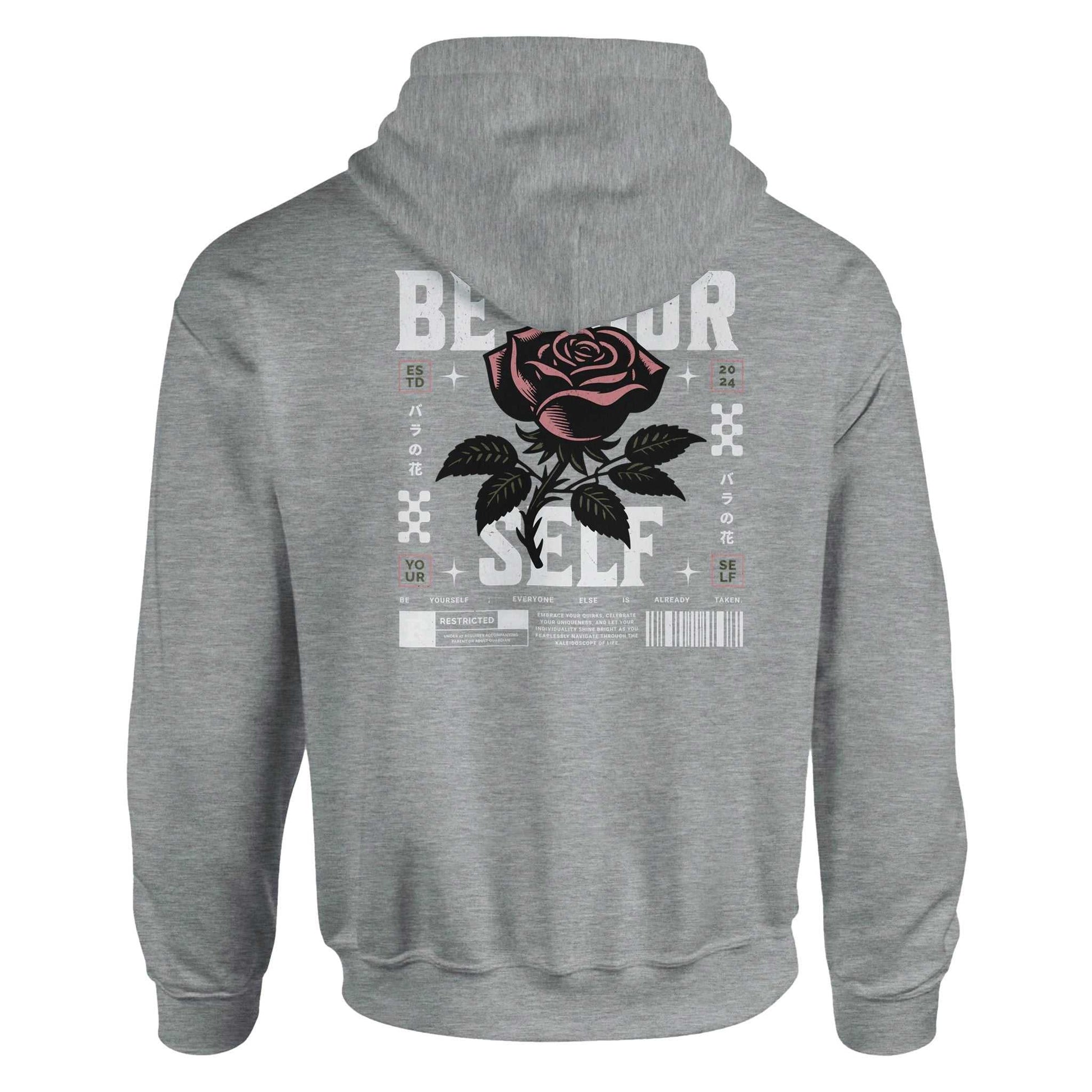 Grey unisex hoodie with "Be Yourself" text and rose graphic on back
