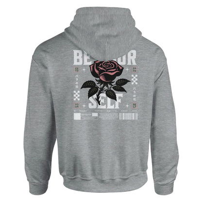 Gray unisex hoodie with "Be Yourself" text and rose graphic on back, soft cotton-polyester blend.