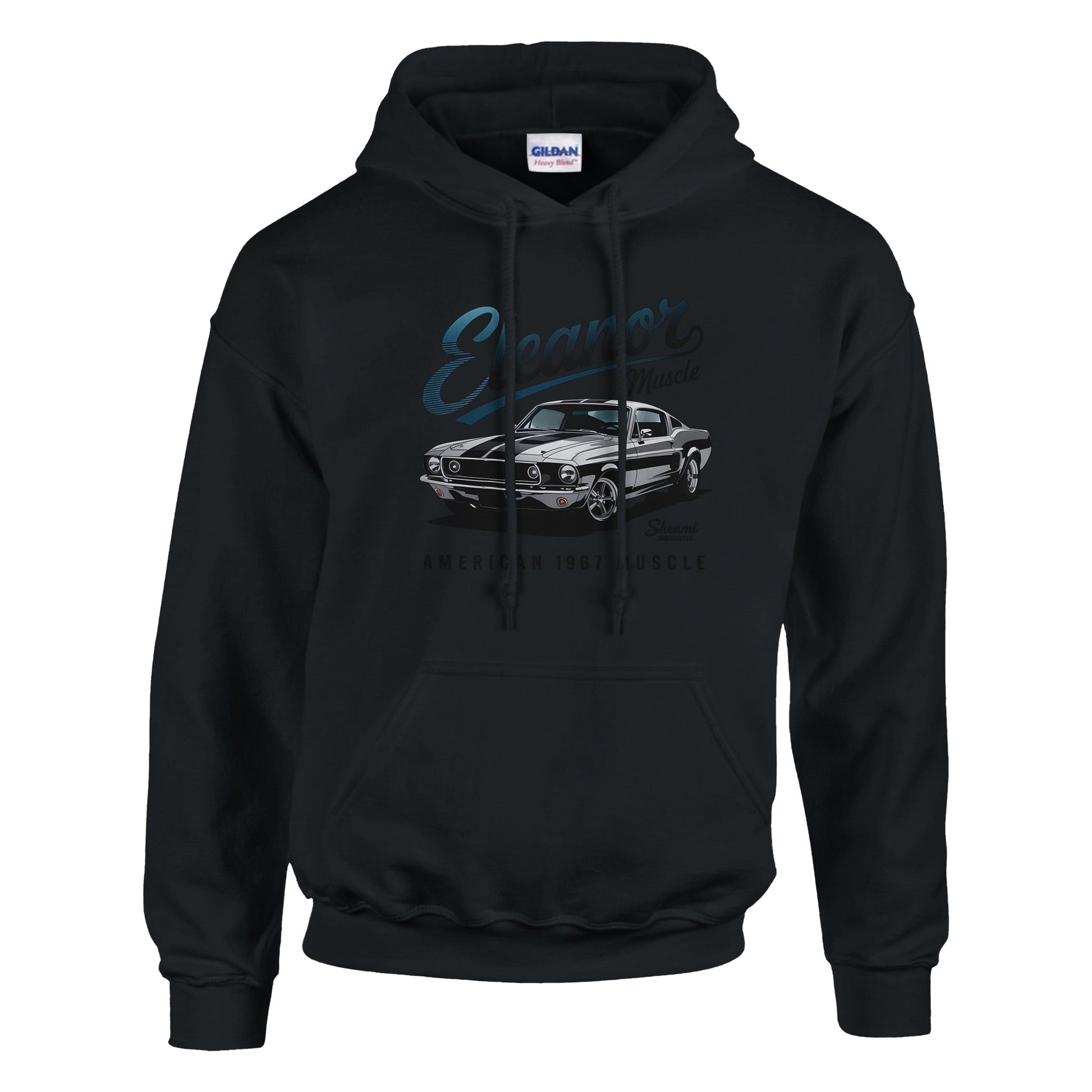 Black Eleanor Hoodie with vintage muscle car graphic, unisex design made of cotton-polyester blend, featuring front pouch pocket and adjustable hood.