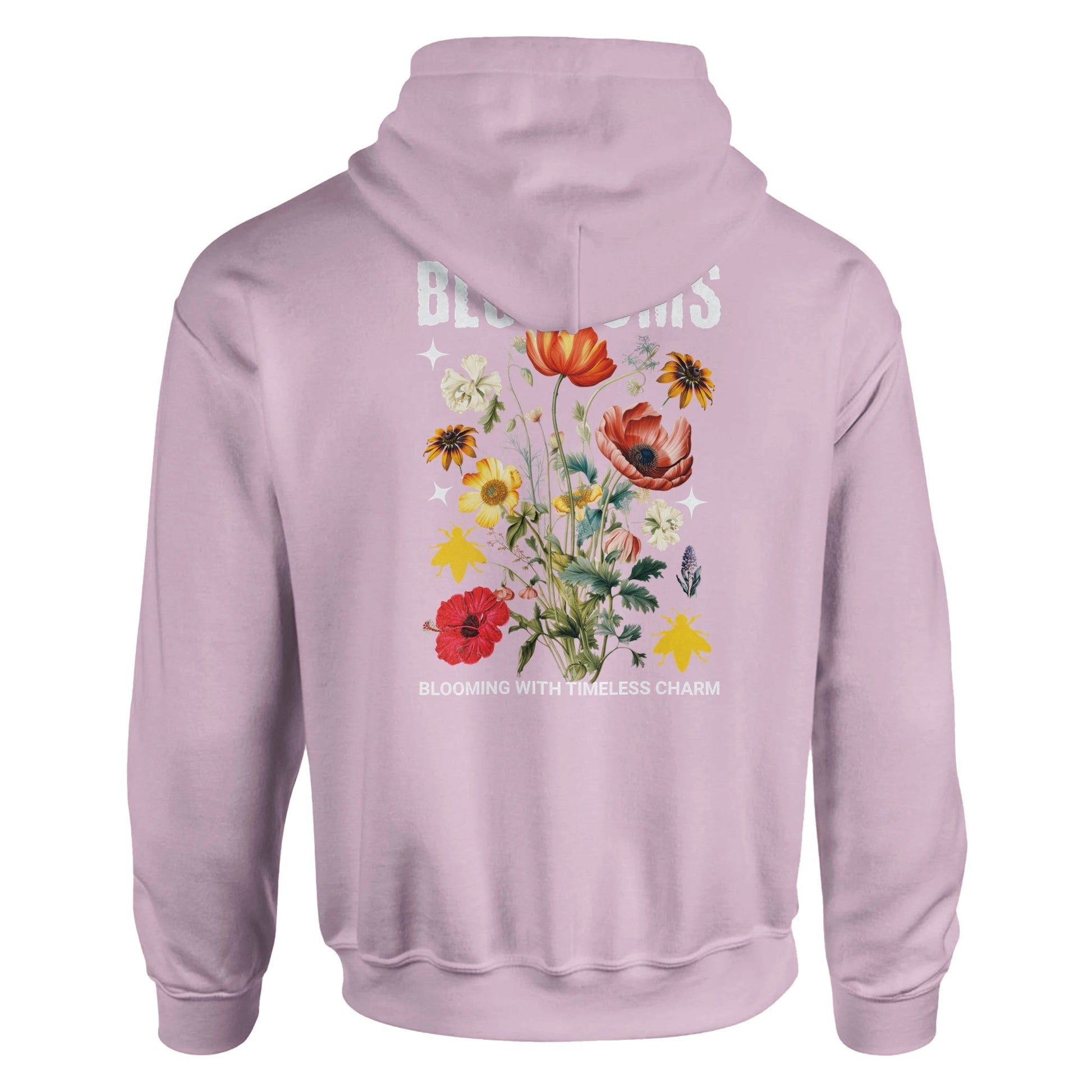 Blossom Streatware Unisex pullover hoodie in light pink with colorful floral design on the back and double-lined hood