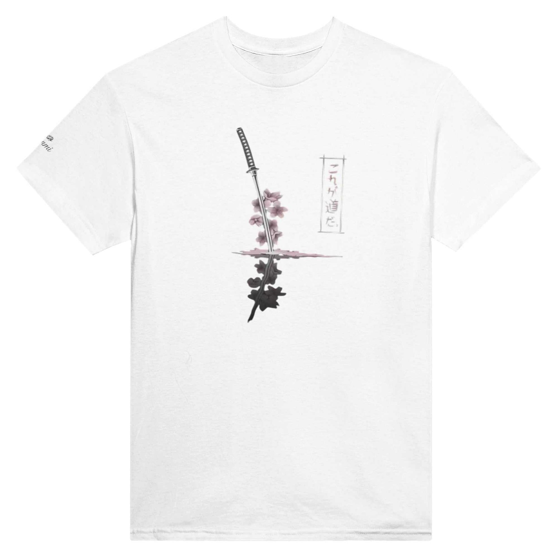 White Sakura Samurai T-Shirt with Japanese sword and cherry blossom design, unisex cotton tee for manga fans