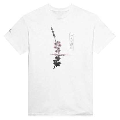 White Sakura Samurai T-Shirt with Japanese sword and cherry blossom design, unisex cotton tee for manga fans