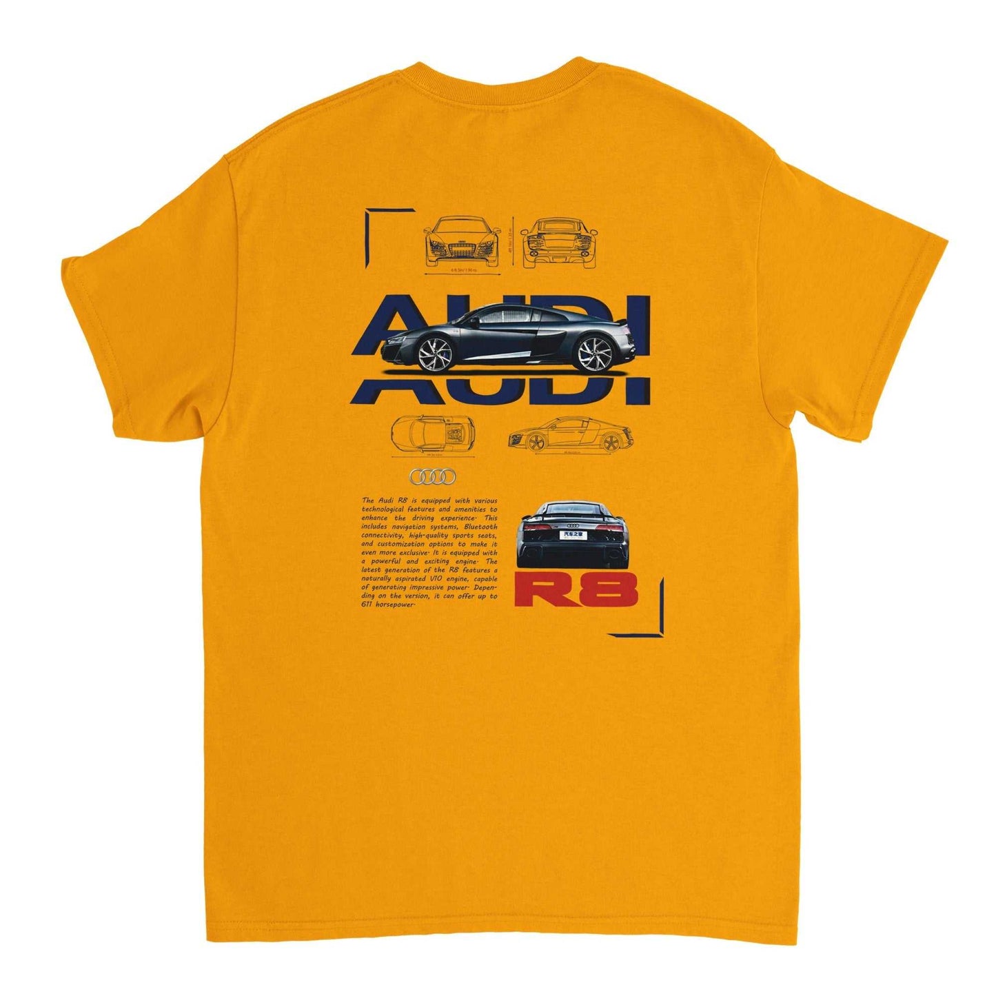 gelbes audi liebhaber t-shirt mit stilvollem audi r8 design und komfortablem material für männer und frauen