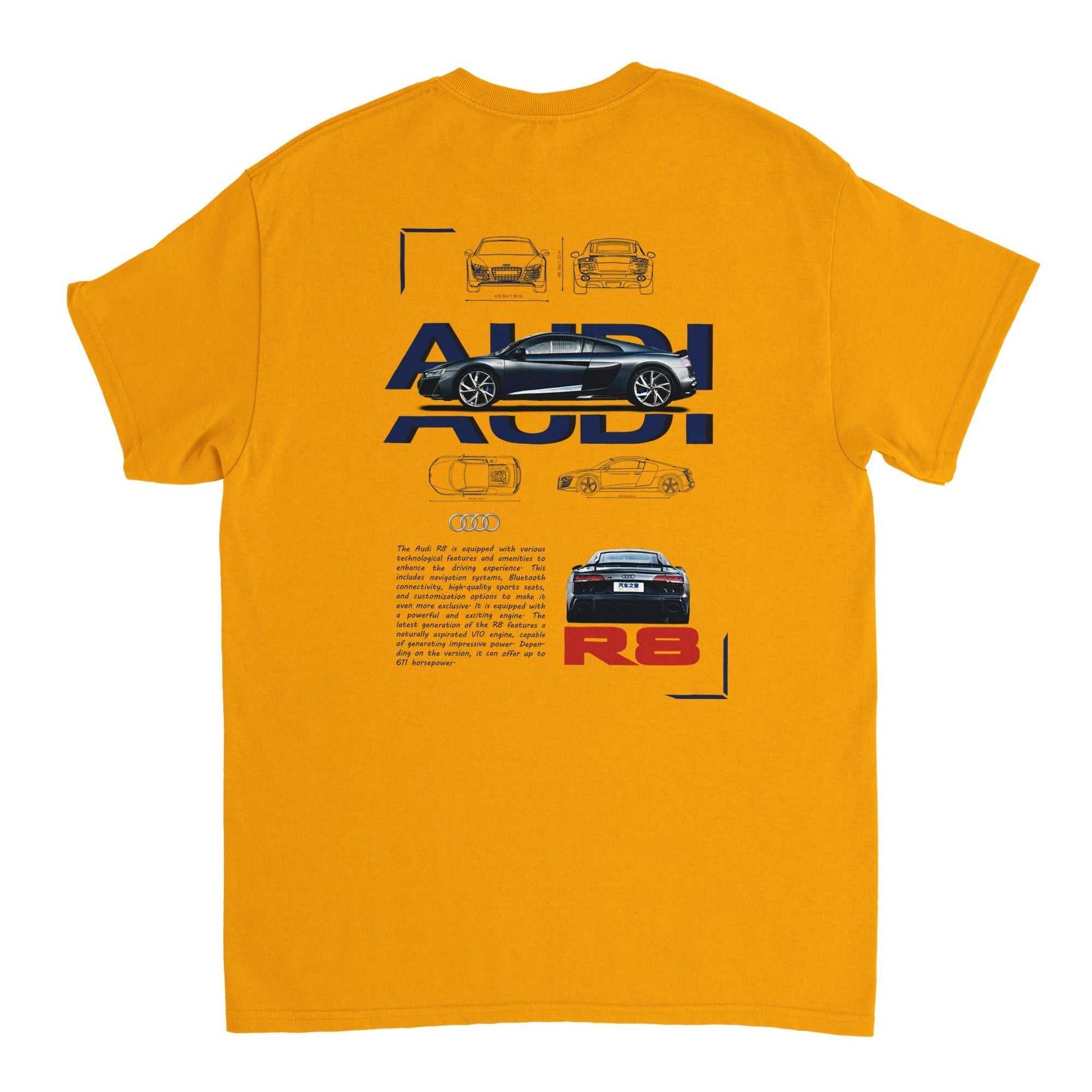 Gelbes Audi Liebhaber T-Shirt aus 100% Baumwolle mit Audi R8 Design für Männer und Frauen