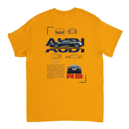 Gelbes Audi Liebhaber T-Shirt mit stilvollem Audi R8 Design und komfortablem Material für Männer und Frauen