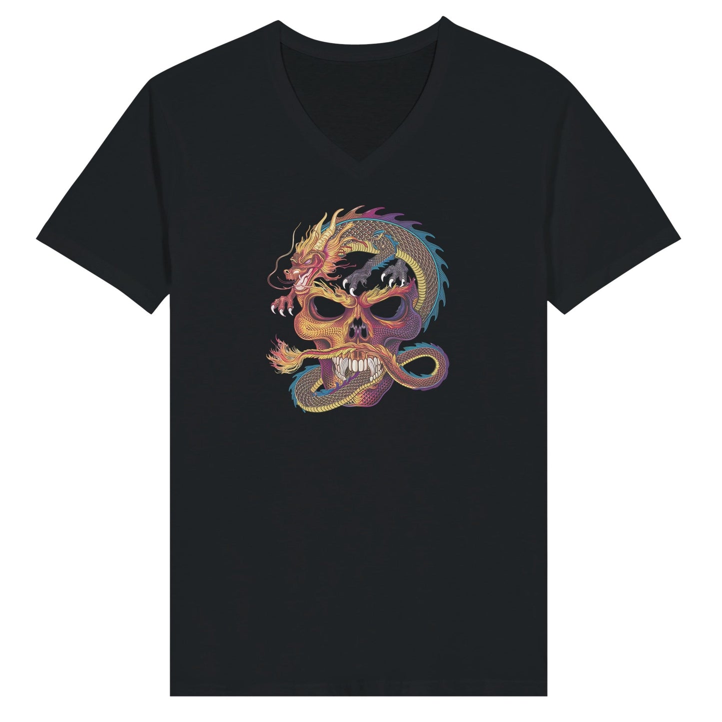 schwarzes streetwear t-shirt mit v-ausschnitt und farbigem drachendesign auf der brust unisex slim fit aus hochwertiger baumwolle