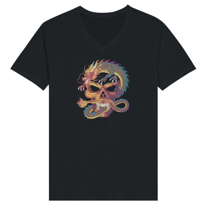 Schwarzes Streetwear T-Shirt mit V-Ausschnitt und buntem Drachendesign, Unisex Slim Fit aus hochwertiger Baumwolle