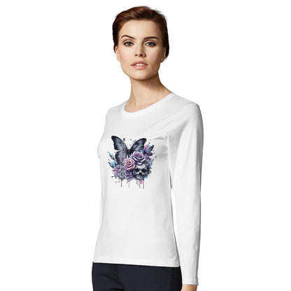 Damen langärmliges, figurbetontes T-Shirt mit Schmetterlingsmotiv aus Premium-Material in Weiß