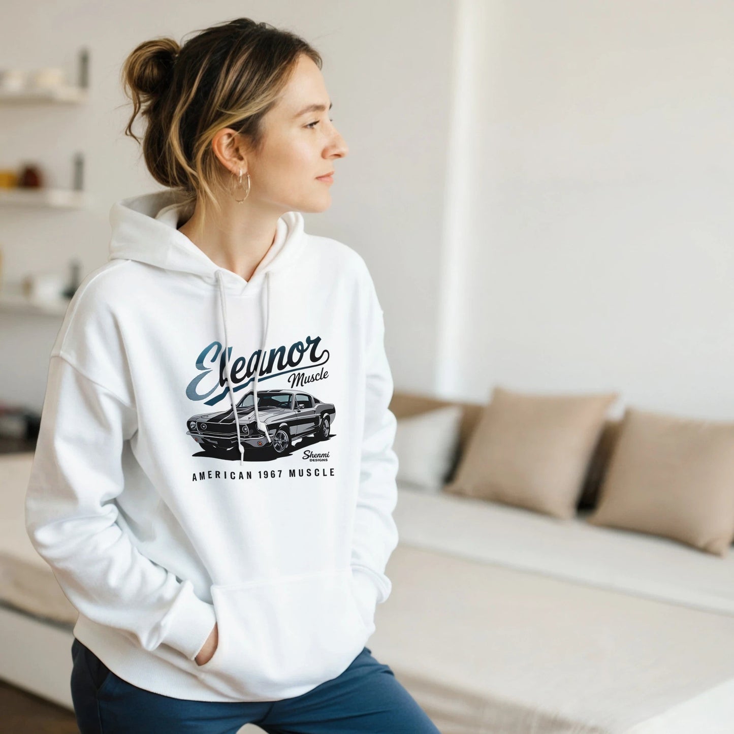 white eleanor hoodie featuring classic muscle car graphic, comfortable cotton-polyester blend, unisex style for car enthusiasts.