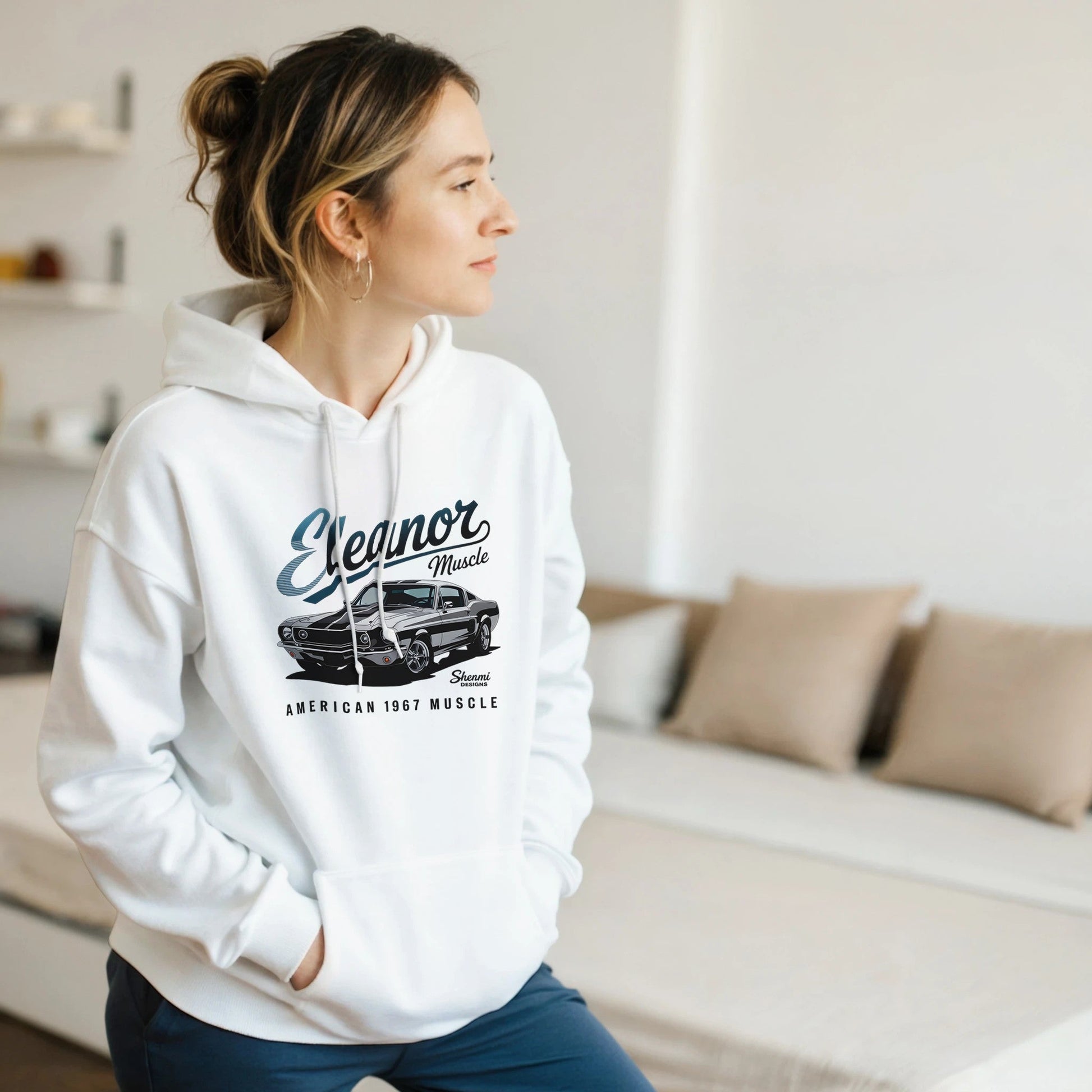 White Eleanor Hoodie featuring classic muscle car graphic, comfortable cotton-polyester blend, unisex style for car enthusiasts.