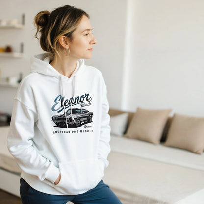 White Eleanor Hoodie featuring classic muscle car graphic, comfortable cotton-polyester blend, unisex style for car enthusiasts.