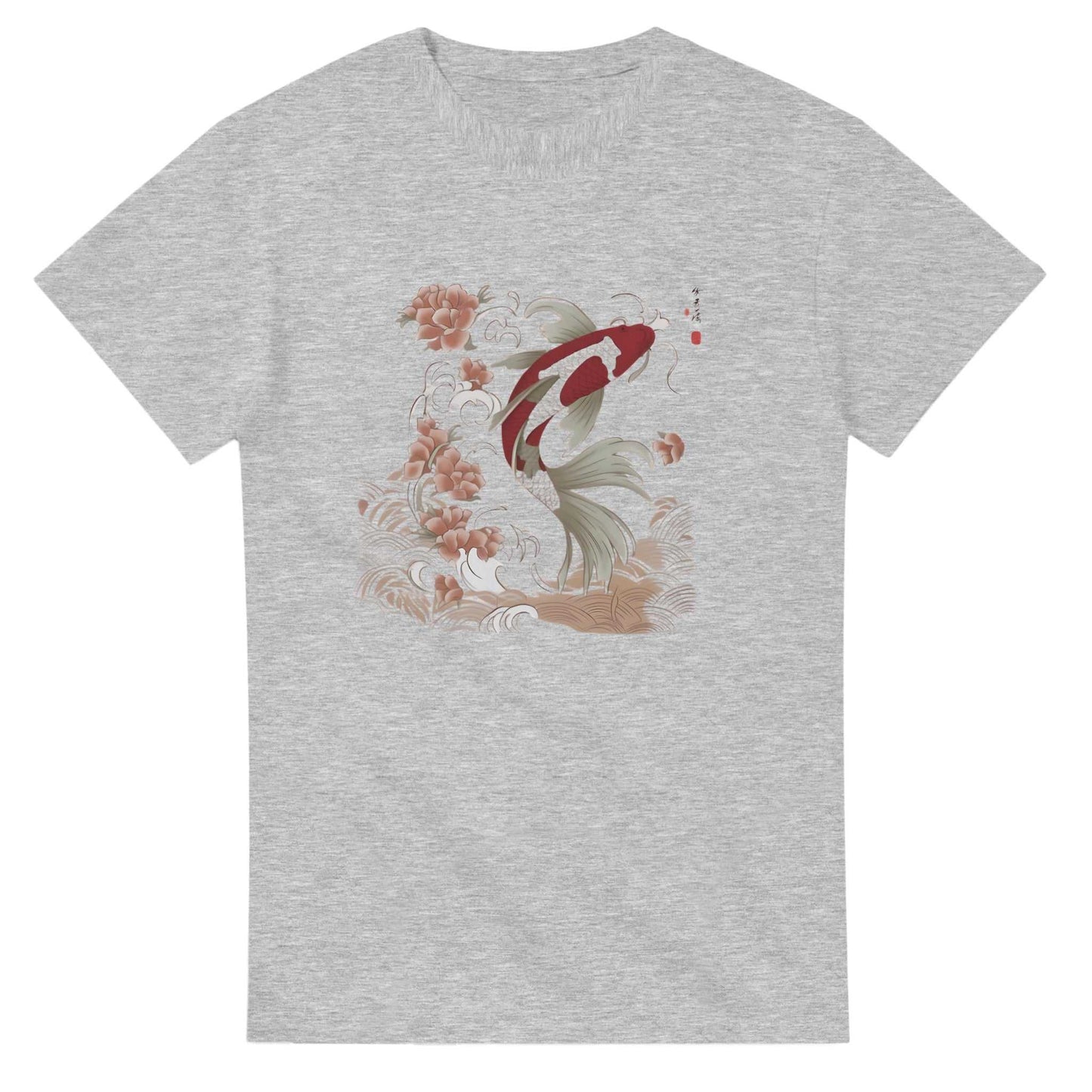 gray heavyweight cotton unisex crewneck t-shirt with koi asian style fish graphic design