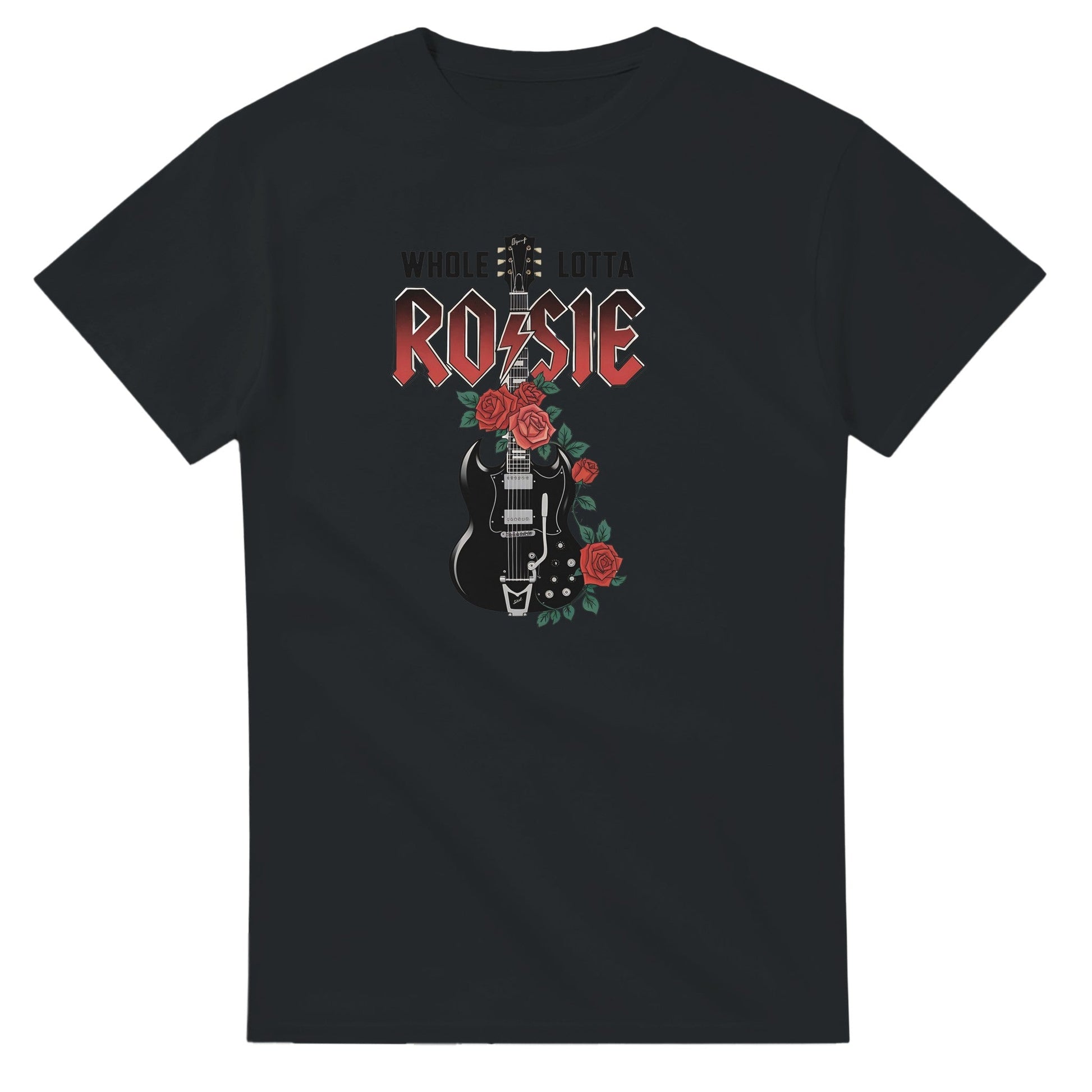 Black AC DC T-Shirt with Rosie guitar and rose design, heavyweight cotton, classic fit for everyday wear