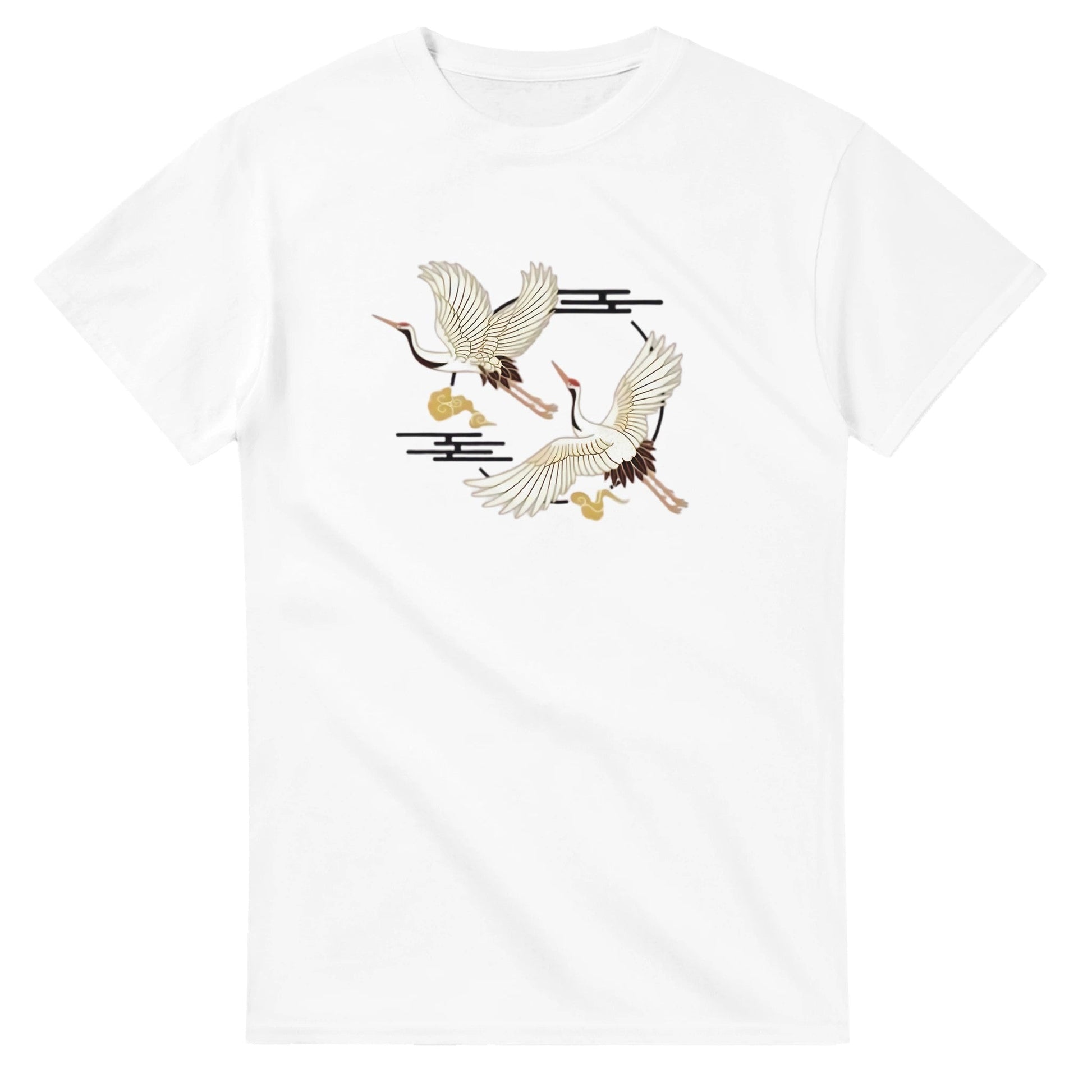 Kranich Unisex Crewneck T-shirt aus schwerem Baumwollstoff mit klassischem Schnitt und Kranich-Motiv in Weiß
