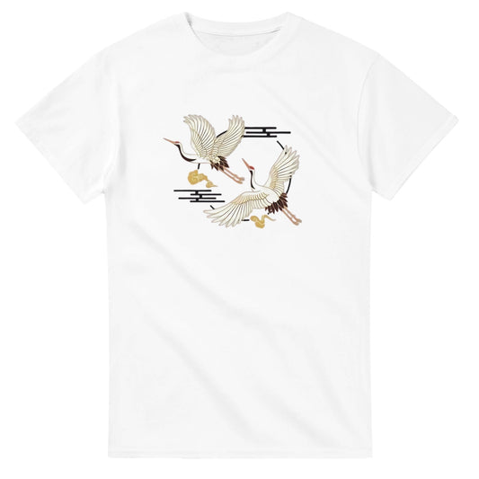 Kranich Unisex Crewneck T-shirt aus schwerem Baumwollstoff mit klassischem Schnitt und Kranich-Motiv in Weiß